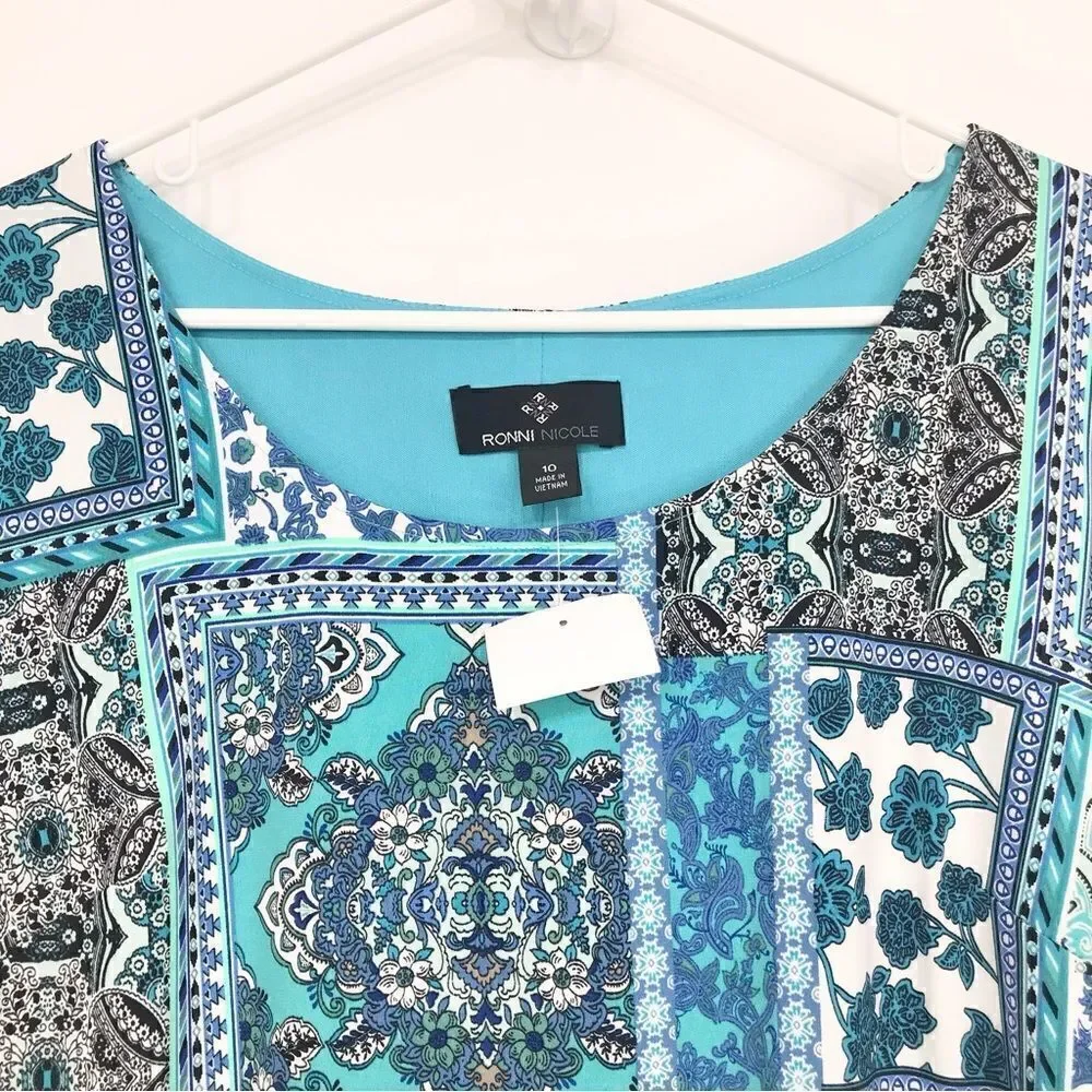 Ronni Nicole Blue Patchwork Floral Tapestry Print Bell Sleeve Sheath Dress
